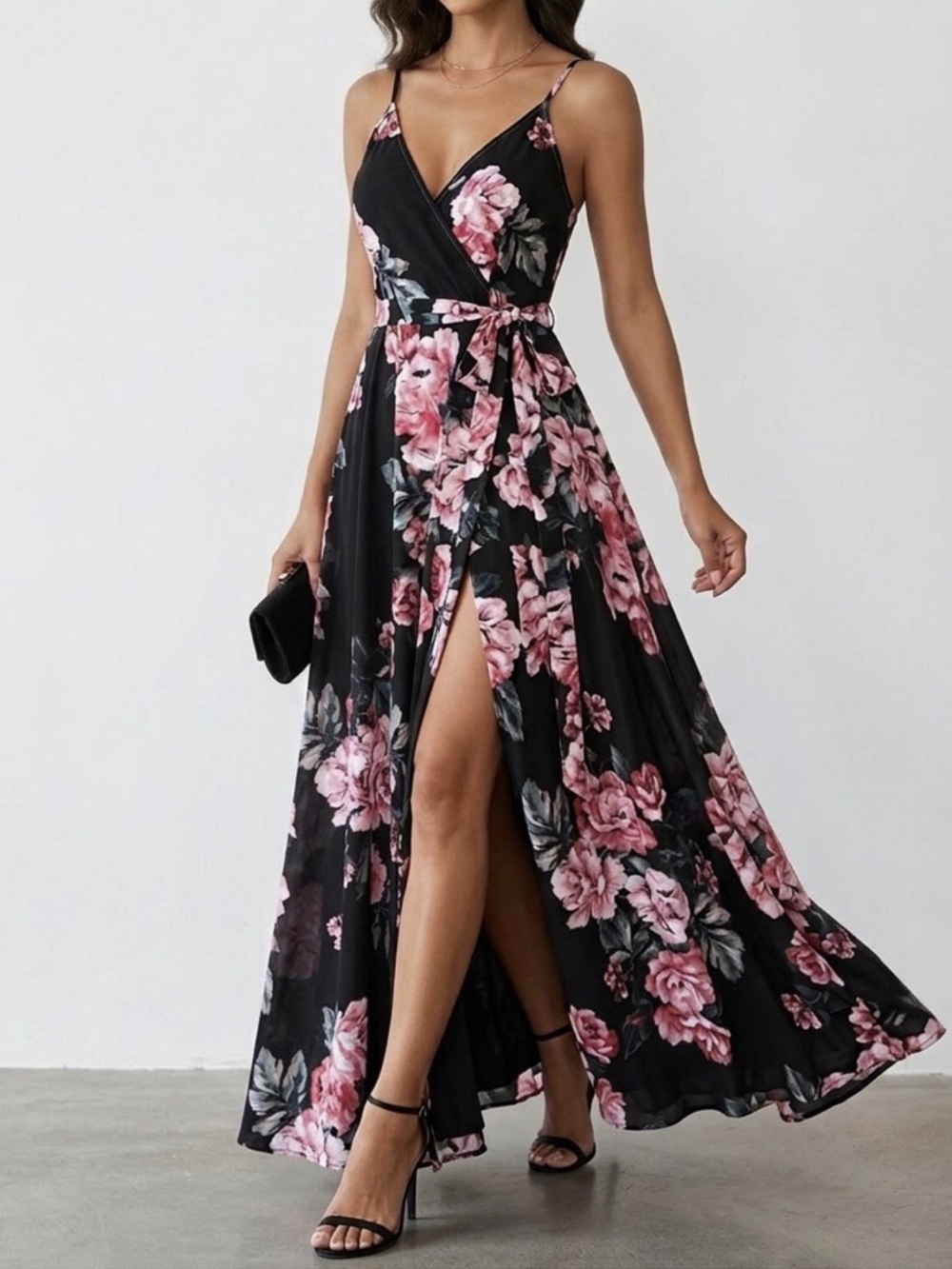 Lulu's Black Maxi Dress with Pink Floral Print